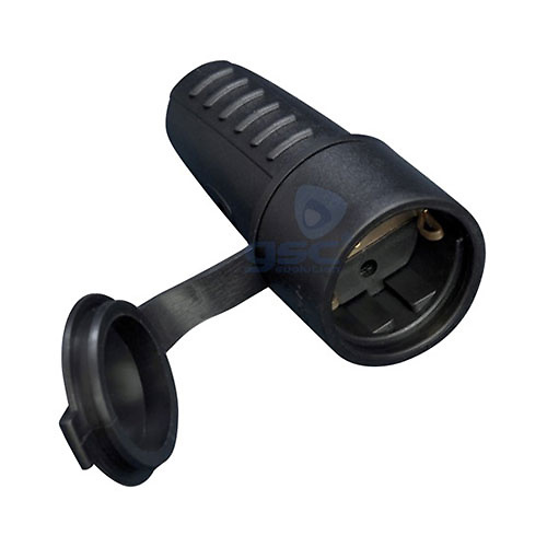 Base aerea bipolar schuko 2P+T lateral con tapa recta impermeable de goma PVC retractilado negro IP44 GSC 