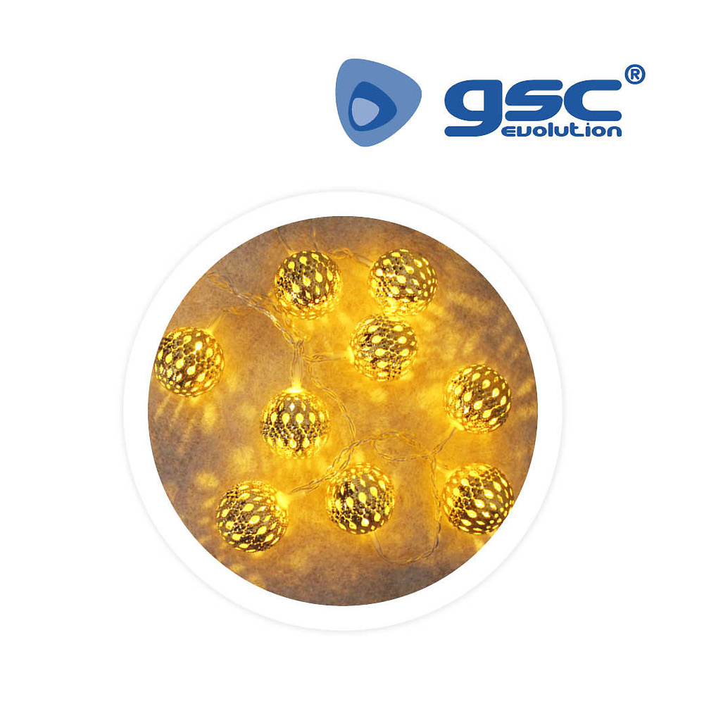 Garsaco Bolas doradas 1M 2xAA 2700-3000K Garsaco Bolas de Navidad LED Funciona con 2 pilas AA (no incluidas). IP20. 1M 10 LEDs. Luz 2700-3000K