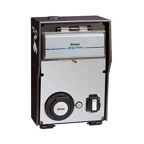 Caja basica con 2 tomas 1 schuko 16A 3.6kW + 1 schuko 32A 22kW monofasico/trifasico medidor energia modo 1/2/3 tipo 2 IP54 Simon 