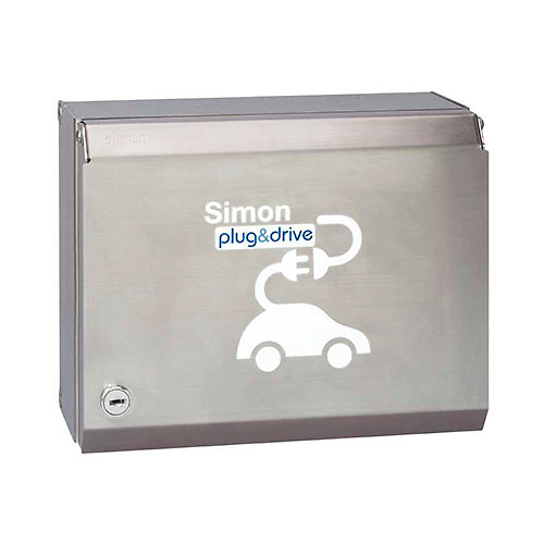 Caja metalica basica con 1 toma schuko 32A 7.2kW monofasico con juego llaves + cable 5m liso modo 3 tipo 2 IP40 Simon 