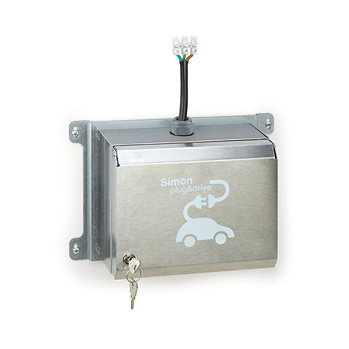 Caja metalica basica con 2 tomas schuko 16A 3.6kW monofasico con juego llaves + automatico combinado clase A modo 1 y 2 IP40 Simon 