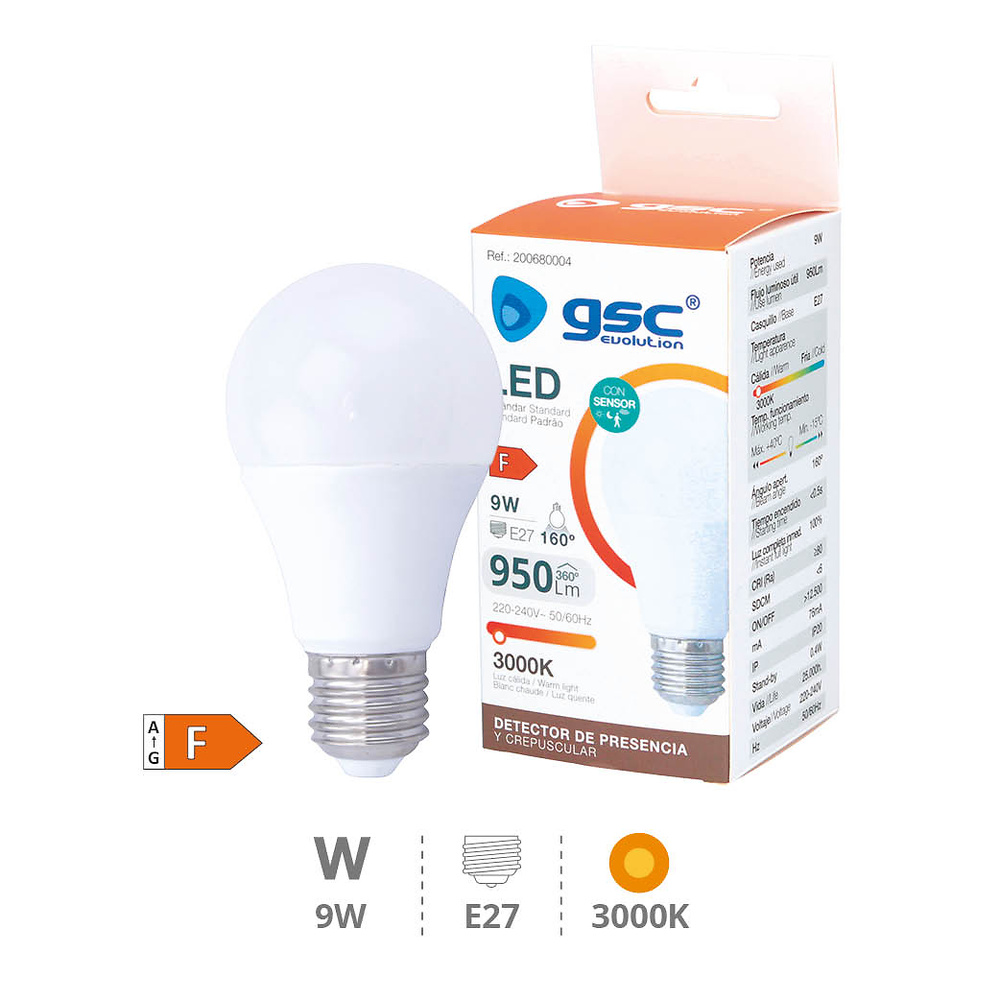 Lámpara LED estándar con sensor crepuscular 9W E27 6000K 