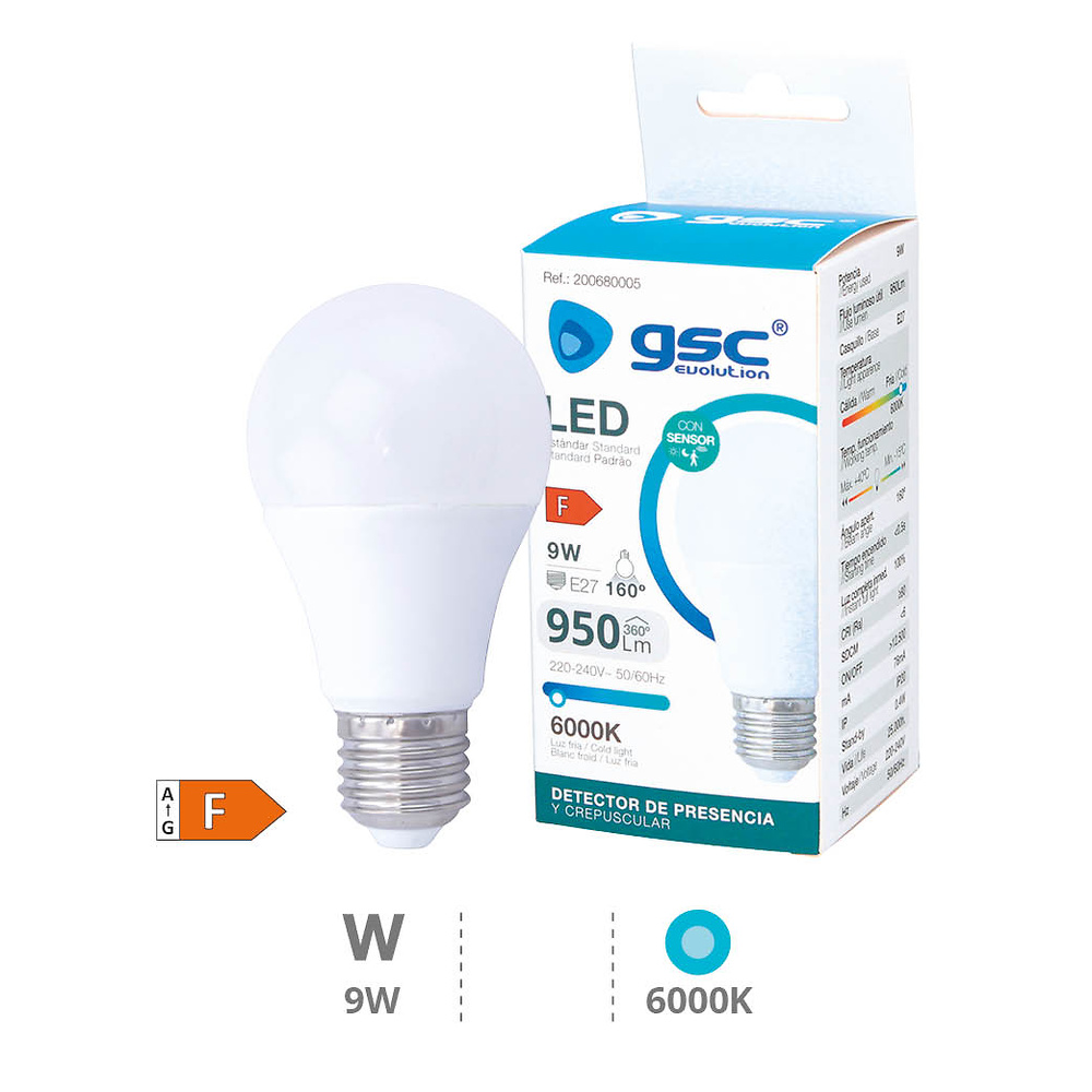 Lámpara LED estándar con sensor presencia + crepuscular 9W E27 3000K 