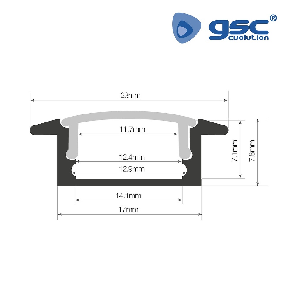 Perfil aluminio traslúcido empotrar 2M para tiras LED hasta 12mm Perfil aluminio traslúcido empotrar 2M para tiras LED hasta 12mm GSC