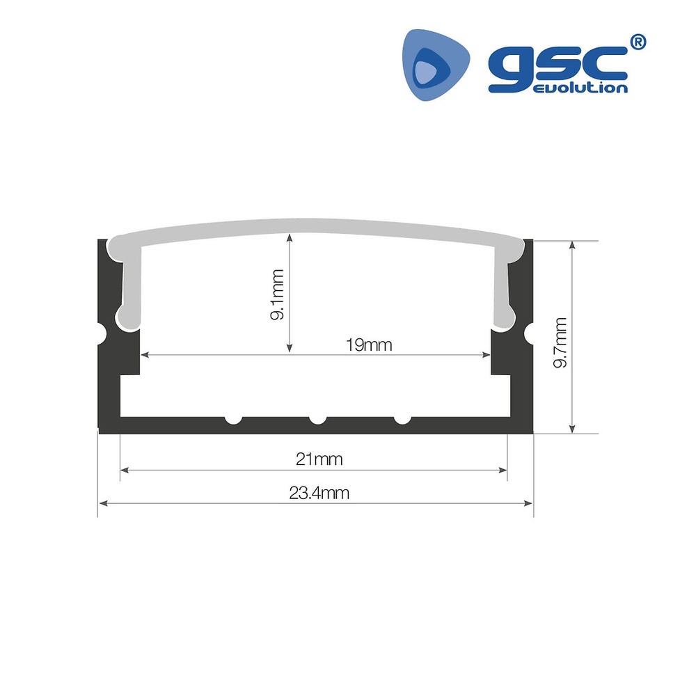 Perfil aluminio traslúcido superficie 2M para tiras LED hasta 21mm Perfil aluminio traslúcido superficie 2M para tiras LED hasta 21mm GSC