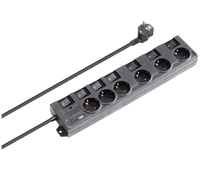Regleta de 1E:6S Schuko con interruptores individuales y USB