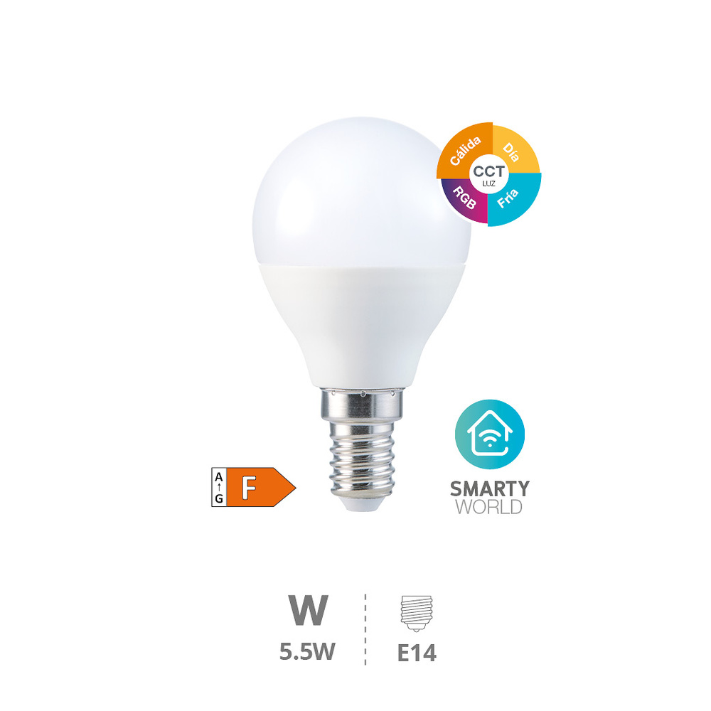 Bombilla LED esferica inteligente via wifi y bluetooth 5,5W E14 RGB CTT regulable Bombilla LED esferica inteligente via wifi y bluetooth 5,5W E14 RGB CTT regulable