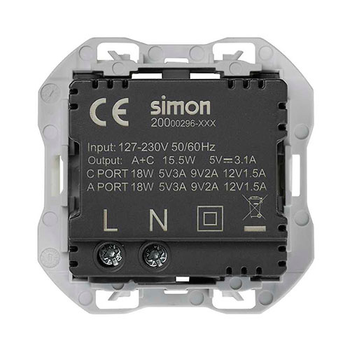 Cargador USB doble A+C 3,1A Quickcharge Simon 270 Color Aluminio 