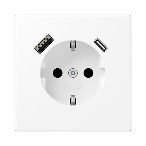 Enchufe schuko 2P+T con cargador USB doble tipo A+C protección para niños  blanco alpino mate LS990 Jung