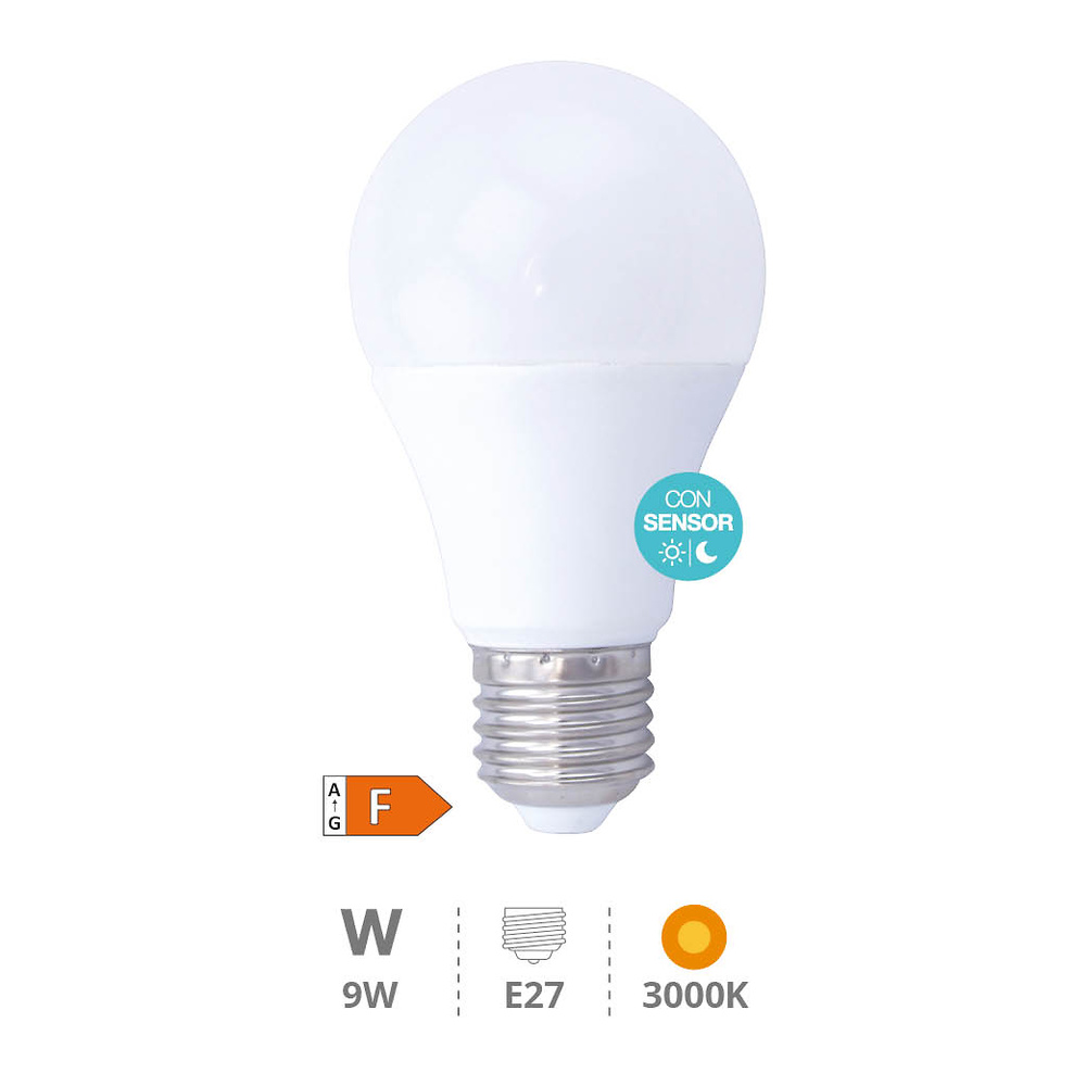Lámpara LED estándar con sensor crepuscular 9W E27 3000K 