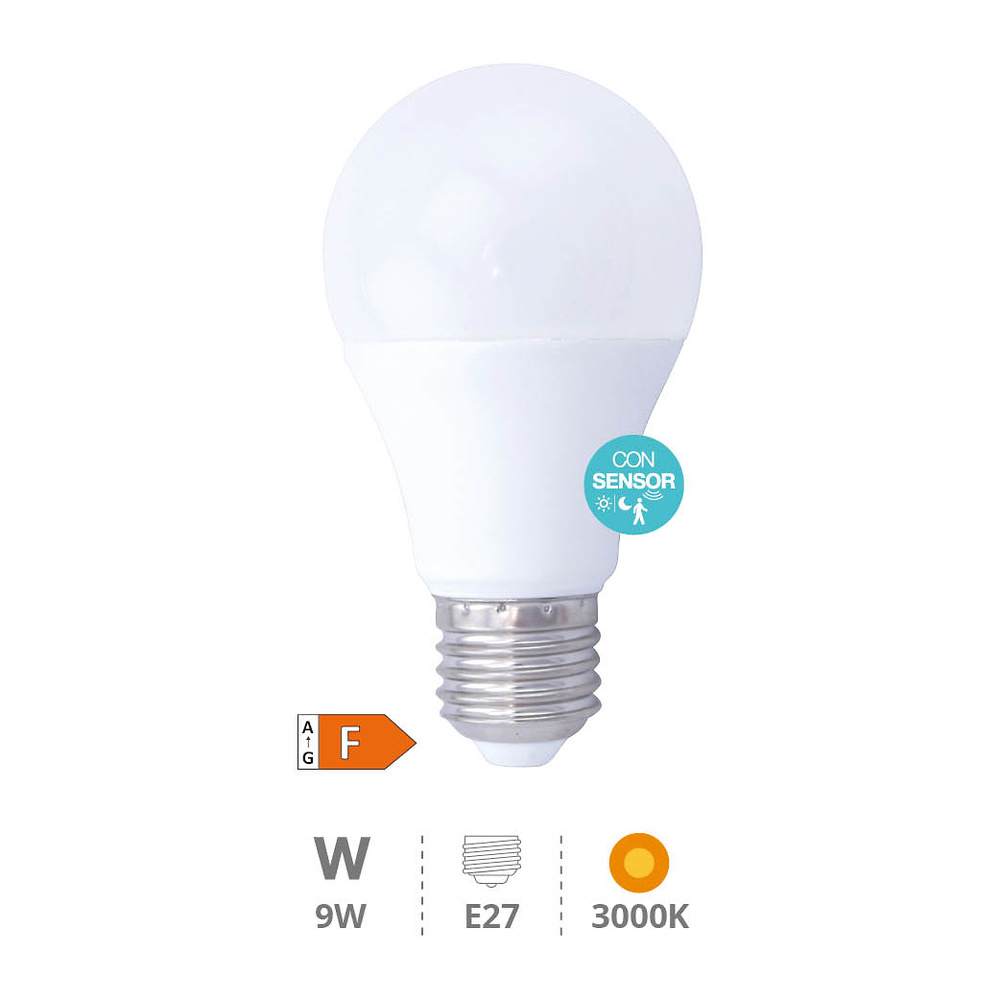 Lámpara LED estándar con sensor presencia + crepuscular 9W E27 3000K 