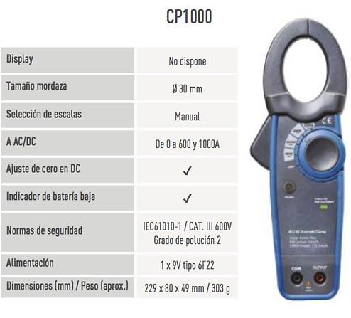 Pinza Amperimétrica CP1000 Kaise -1 Pinza Amperimétrica profesional marca Kaise modelo CP1000 con Maxilar de corriente diámetro 30 mm