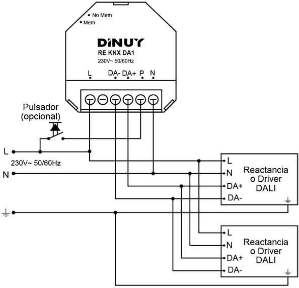 conexiones regulador inalámbrico RE-KNX-DA1 Regulador de luz Inalambrico DINUY RE-KNX-DA1